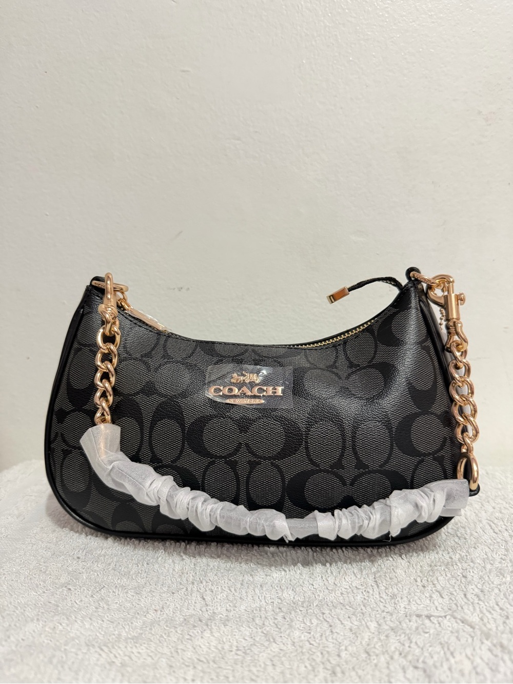 Coach Black Signature Canvas Shoulder Bag with Rose Gold Hardware